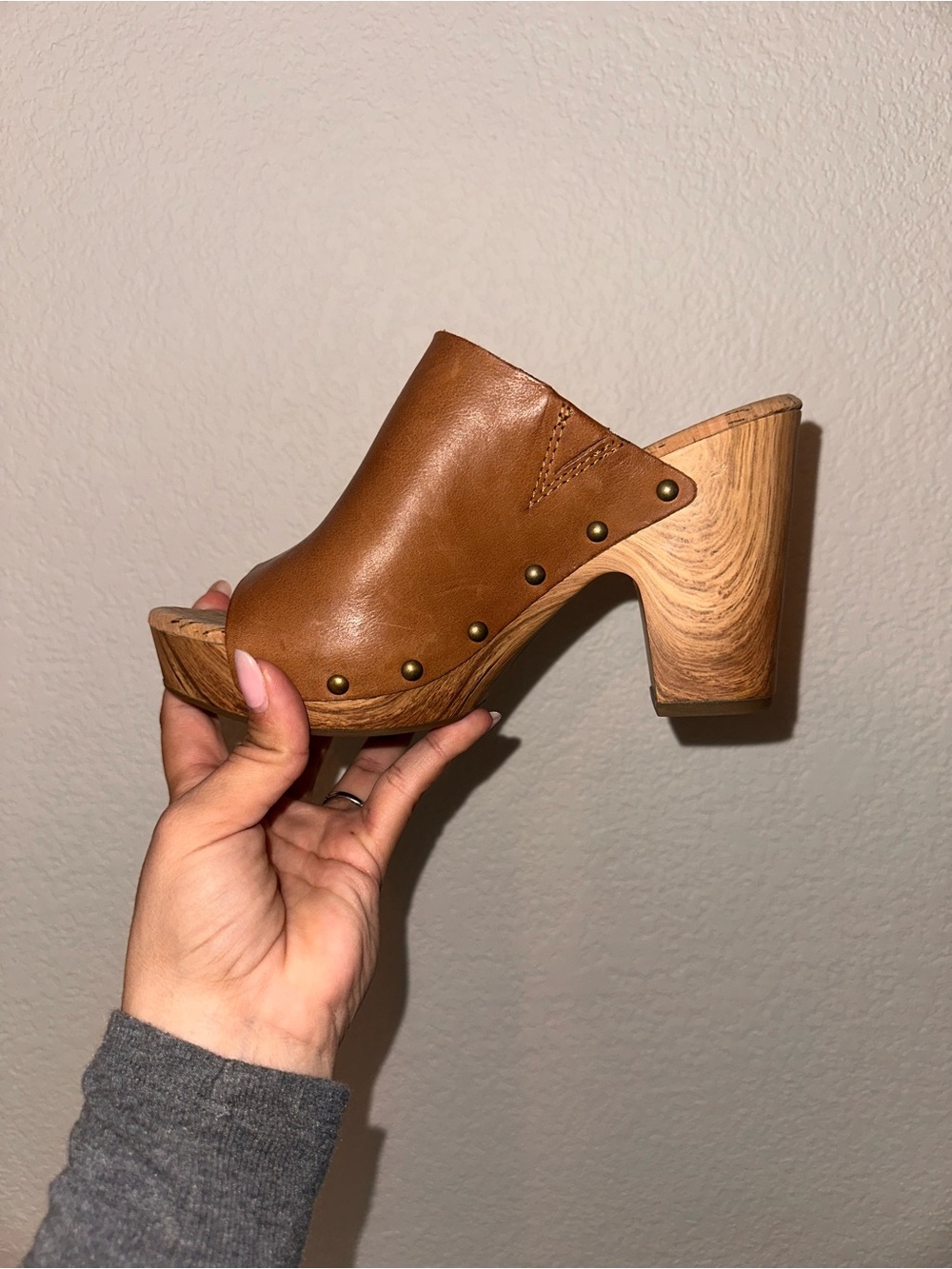 Nordstrom Tan Leather Open-Toe Clog Mules with Wood Block Heel